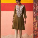 Olive Straight Kurta for Women with Threadwork