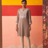 Beige Kurta for Women with Threadwork and Lace Detailing