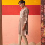 Beige Kurta for Women with Threadwork and Lace Detailing