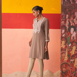 Beige Kurta for Women with Threadwork and Lace Detailing