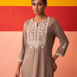 Beige Kurta for Women with Threadwork and Lace Detailing