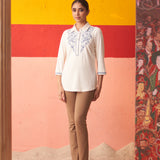 White Stretchable Kurti for Women with Threadwork and Lace Work