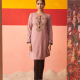 Beige Thread Work Woollen Kurti for Women with Brooch