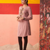 Beige Thread Work Woollen Kurti for Women with Brooch