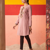 Beige Thread Work Woollen Kurti for Women with Brooch