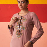 Beige Thread Work Woollen Kurti for Women with Brooch