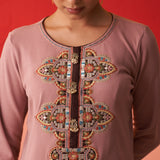 Beige Thread Work Woollen Kurti for Women with Brooch