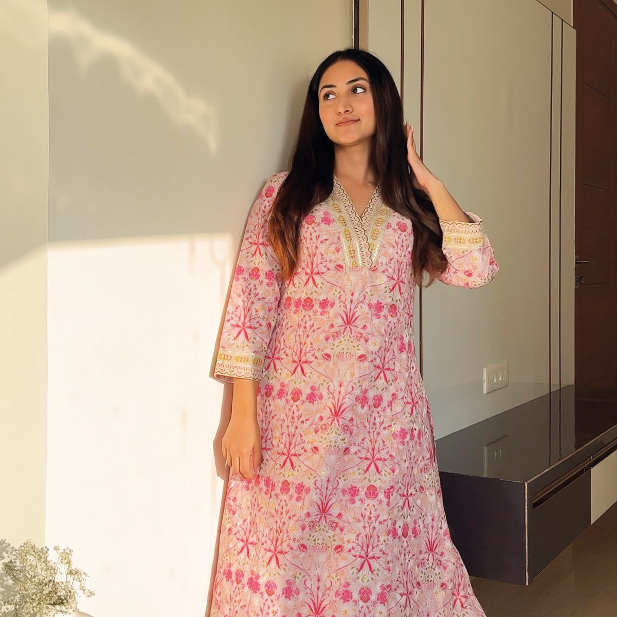 Model Aishwarya in an Elegant, Printed Lakshita Kurta Set, Showcasing Traditional Fashion