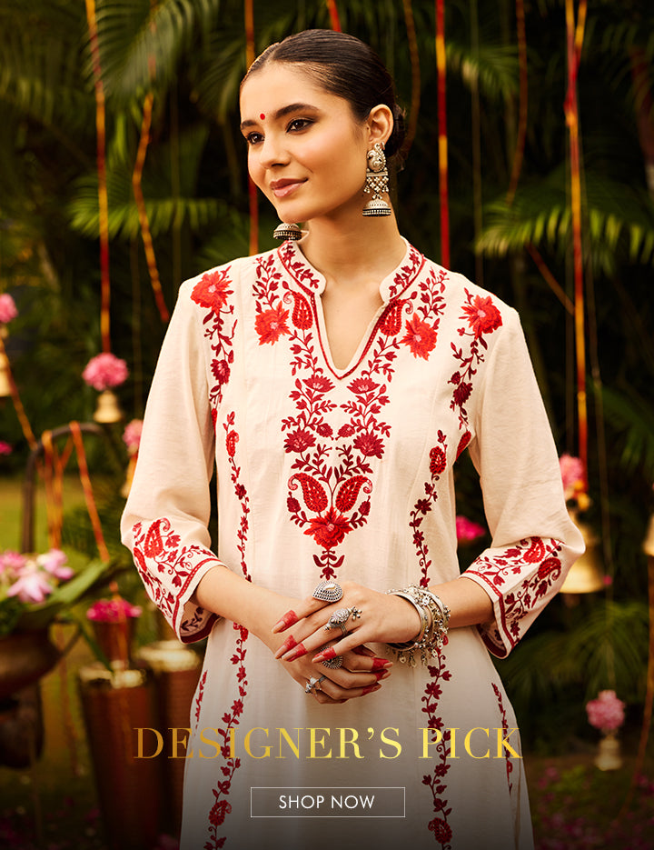 Model Showing A Floral Printed White Kurta Set, A Designer’s Pick From Lakshita