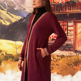 Jia Maroon Embroidered Brushed Wool Shrug for Women