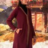 Jia Maroon Embroidered Brushed Wool Shrug for Women