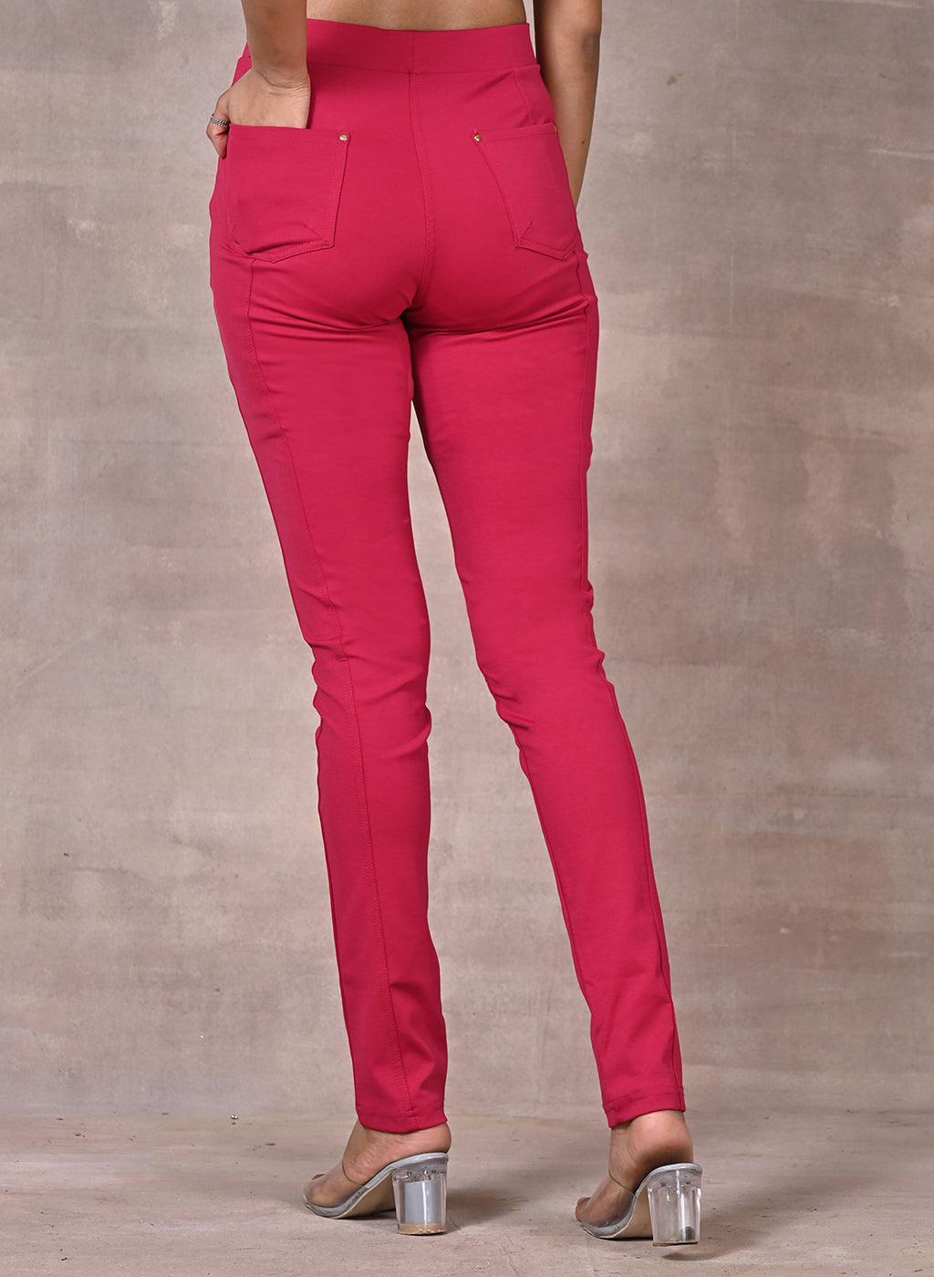 Pink Solid Elastic Jegging with Pocket and Rivets Detailing - Lakshita