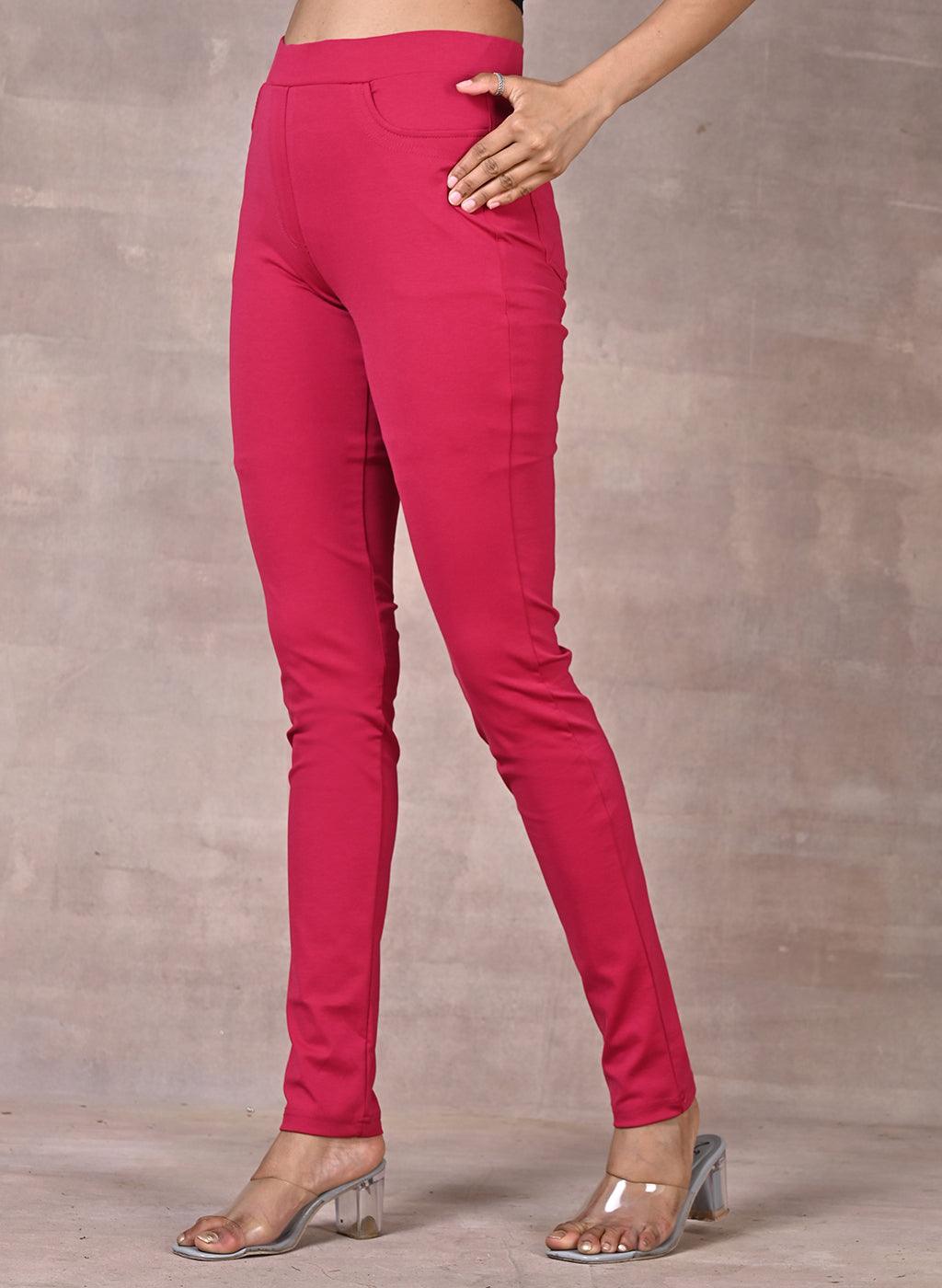 Pink Solid Elastic Jegging with Pocket and Rivets Detailing - Lakshita