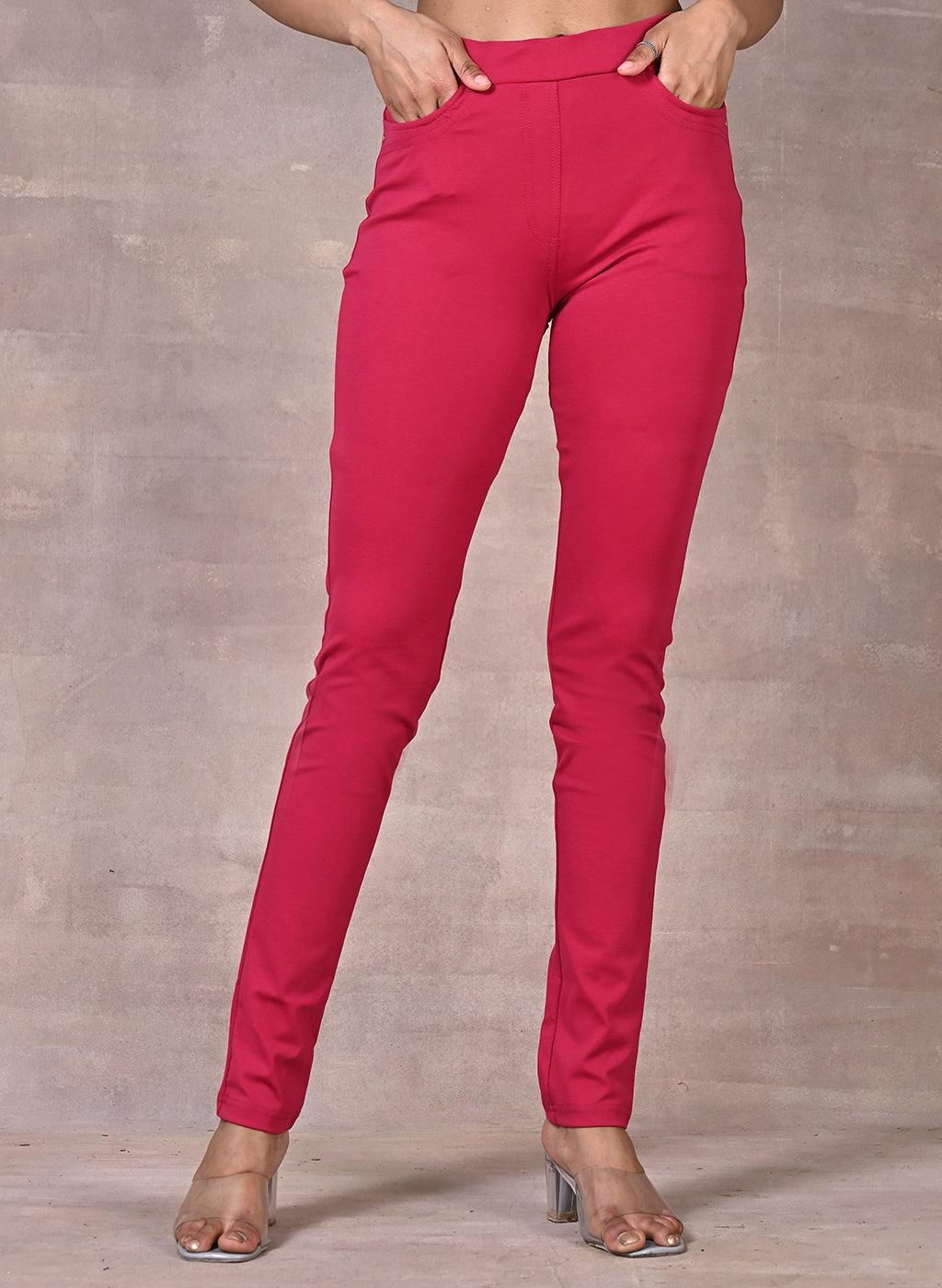 Pink Solid Elastic Jegging with Pocket and Rivets Detailing - Lakshita