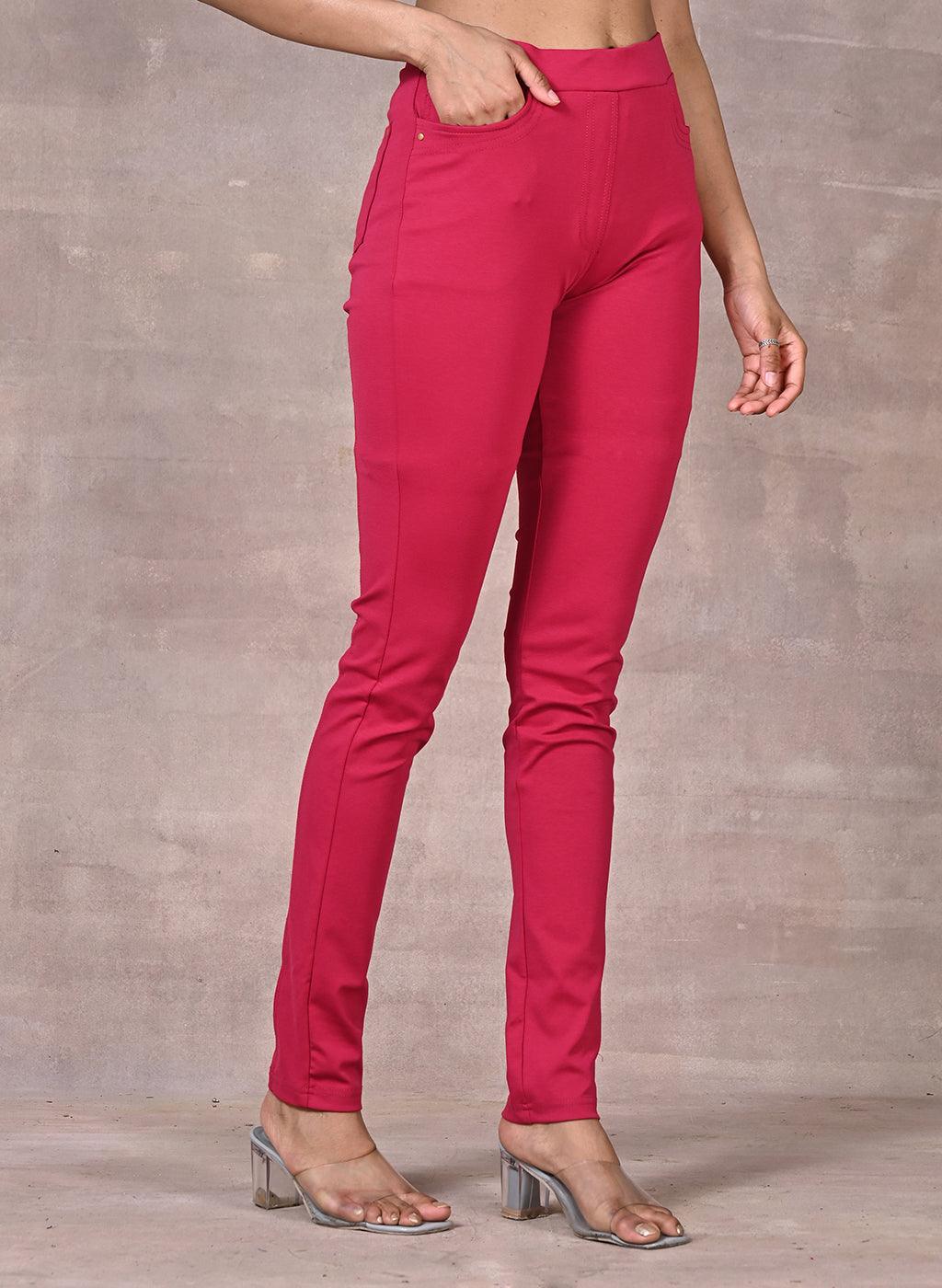 Pink Solid Elastic Jegging with Pocket and Rivets Detailing - Lakshita