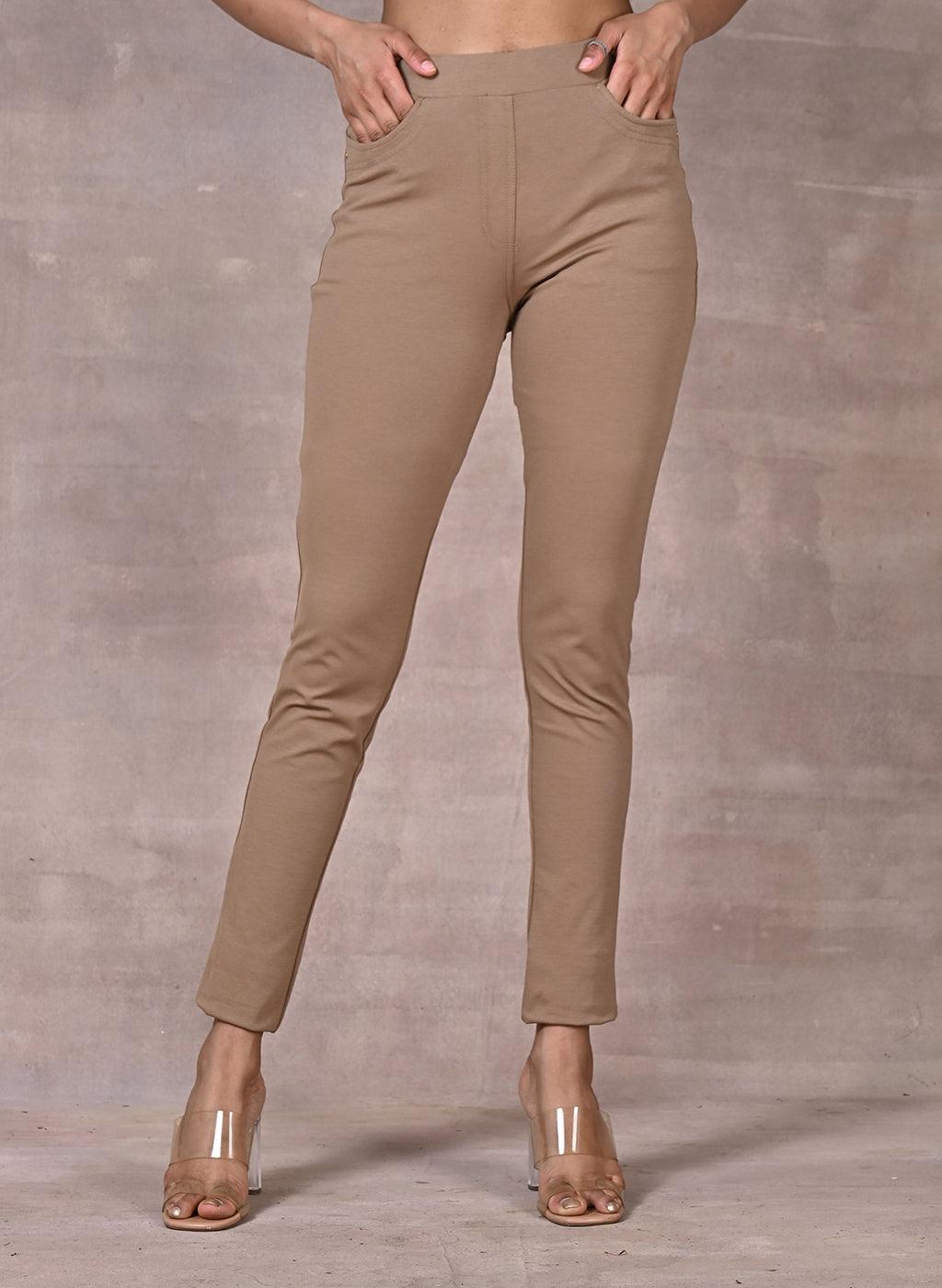 Beige Solid Elastic Jegging with Pocket and Rivets Detailing - Lakshita