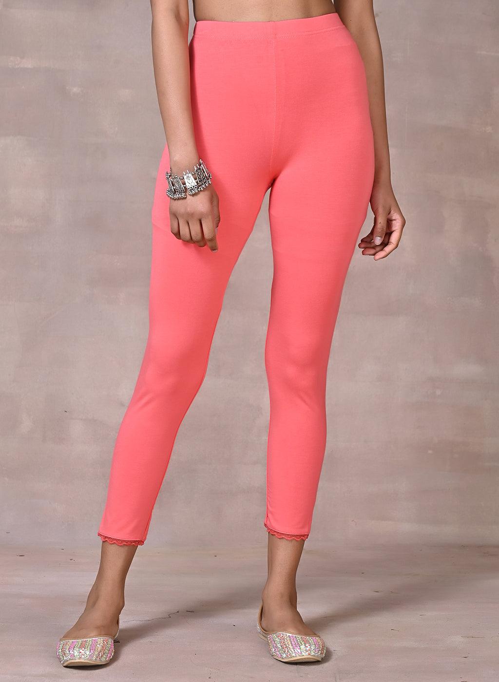 Coral Pink Ankle Length Plain Legging - Lakshita