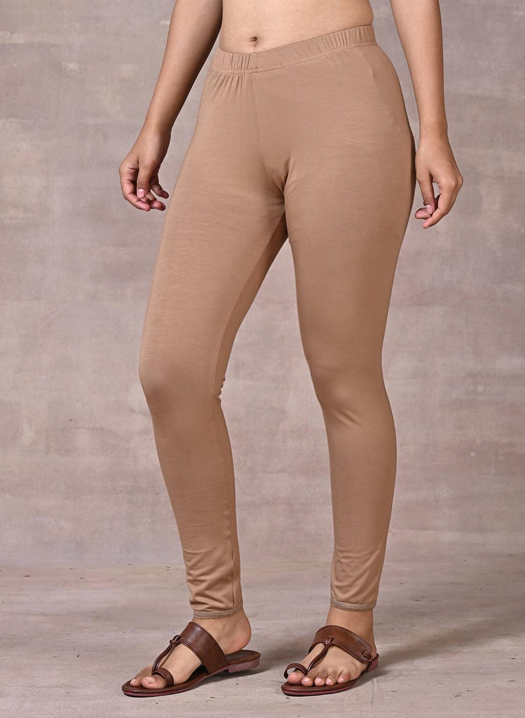 Sand Beige Ankle Length Plain Legging - Lakshita