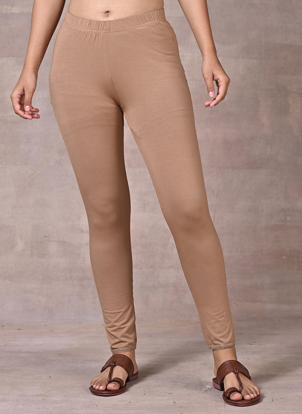 Sand Beige Ankle Length Plain Legging - Lakshita