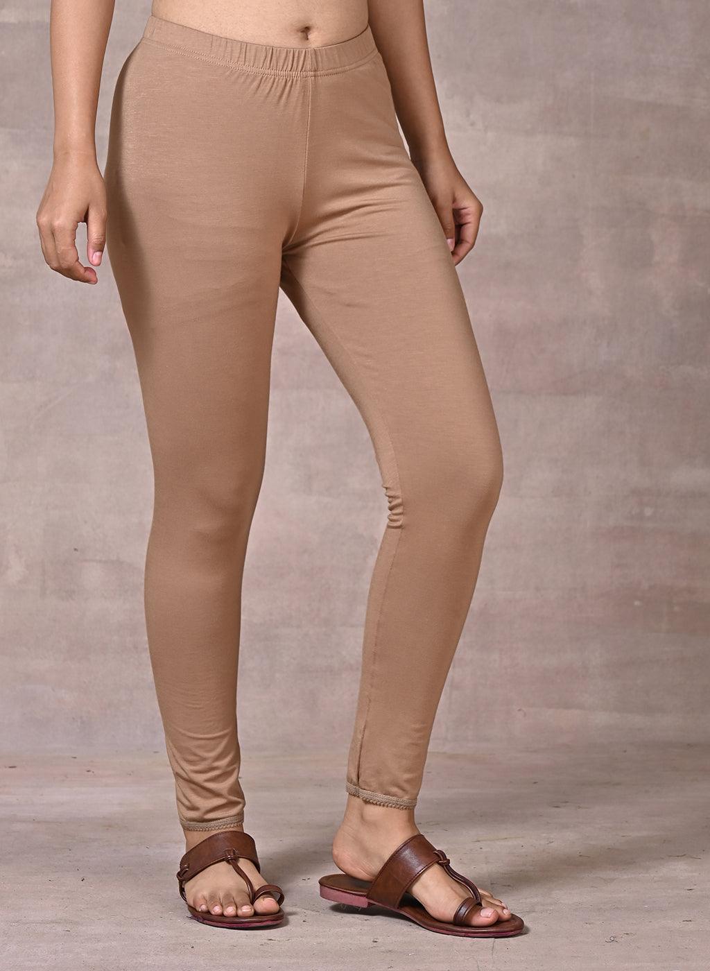 Sand Beige Ankle Length Plain Legging - Lakshita