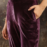 Purple Embroidered Velvet Kurta Set with Button Detailing