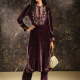 Purple Embroidered Velvet Kurta Set with Button Detailing