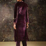 Purple Embroidered Velvet Kurta Set with Button Detailing