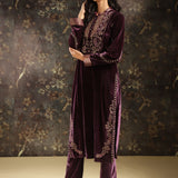 Purple Embroidered Velvet Kurta Set with Button Detailing