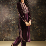 Purple Embroidered Velvet Kurta Set with Button Detailing