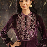 Purple Embroidered Velvet Kurta Set with Button Detailing