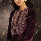 Purple Embroidered Velvet Kurta Set with Button Detailing