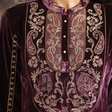 Purple Embroidered Velvet Kurta Set with Button Detailing