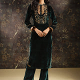 Green Embroidered Velvet Kurta Set with Button Detailing