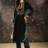 Green Embroidered Velvet Kurta Set with Button Detailing