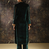 Green Embroidered Velvet Kurta Set with Button Detailing