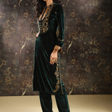 Green Embroidered Velvet Kurta Set with Button Detailing