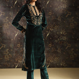 Green Embroidered Velvet Kurta Set with Button Detailing