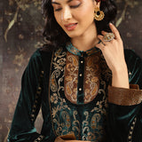 Green Embroidered Velvet Kurta Set with Button Detailing