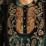 Green Embroidered Velvet Kurta Set with Button Detailing