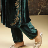 Green Embroidered Velvet Kurta Set with Button Detailing