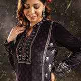 Dark Purple Printed Velvet Kurta Set for Women with Geometric Motifs (With Dupatta)