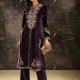 Purple Zari Work Velvet Kurta with Sequins