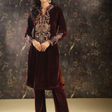 Fuchsia Embroidered Party-wear Velvet Kurta Set