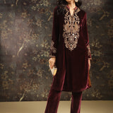 Fuchsia Embroidered Party-wear Velvet Kurta Set