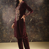 Fuchsia Embroidered Party-wear Velvet Kurta Set