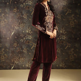 Fuchsia Embroidered Party-wear Velvet Kurta Set