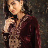 Fuchsia Embroidered Party-wear Velvet Kurta Set