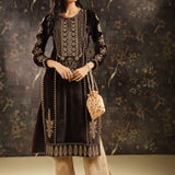 Brown Heavily Embroidered Party-wear Velvet Kurta