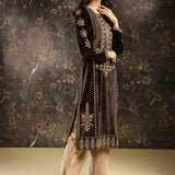 Brown Heavily Embroidered Party-wear Velvet Kurta