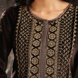 Brown Heavily Embroidered Party-wear Velvet Kurta